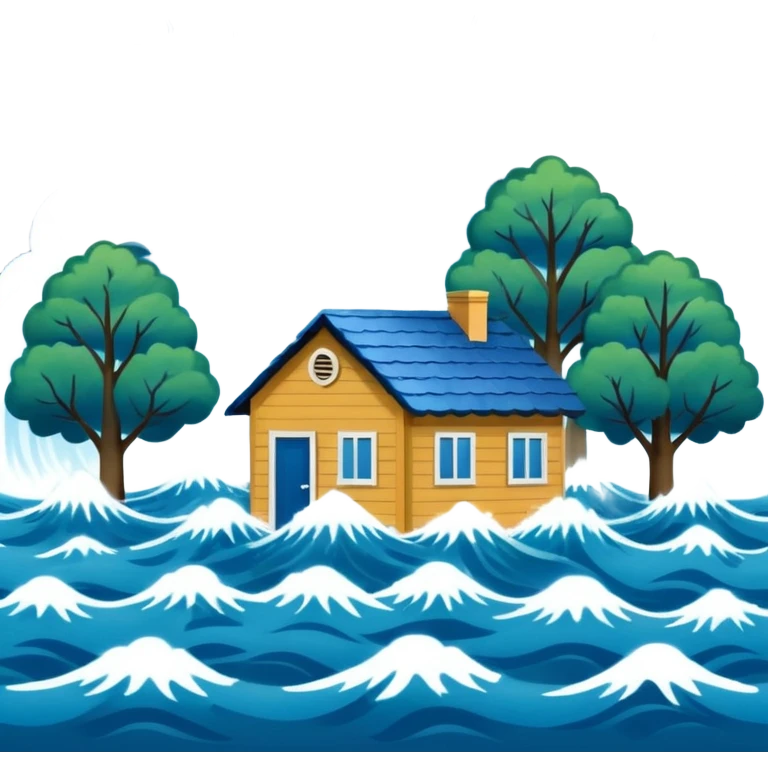showing a flood disaster scene with powerful blue water waves overflowing around small houses and trees, dark cloudy sky, heavy rain falling, dramatic yet simple design emoji