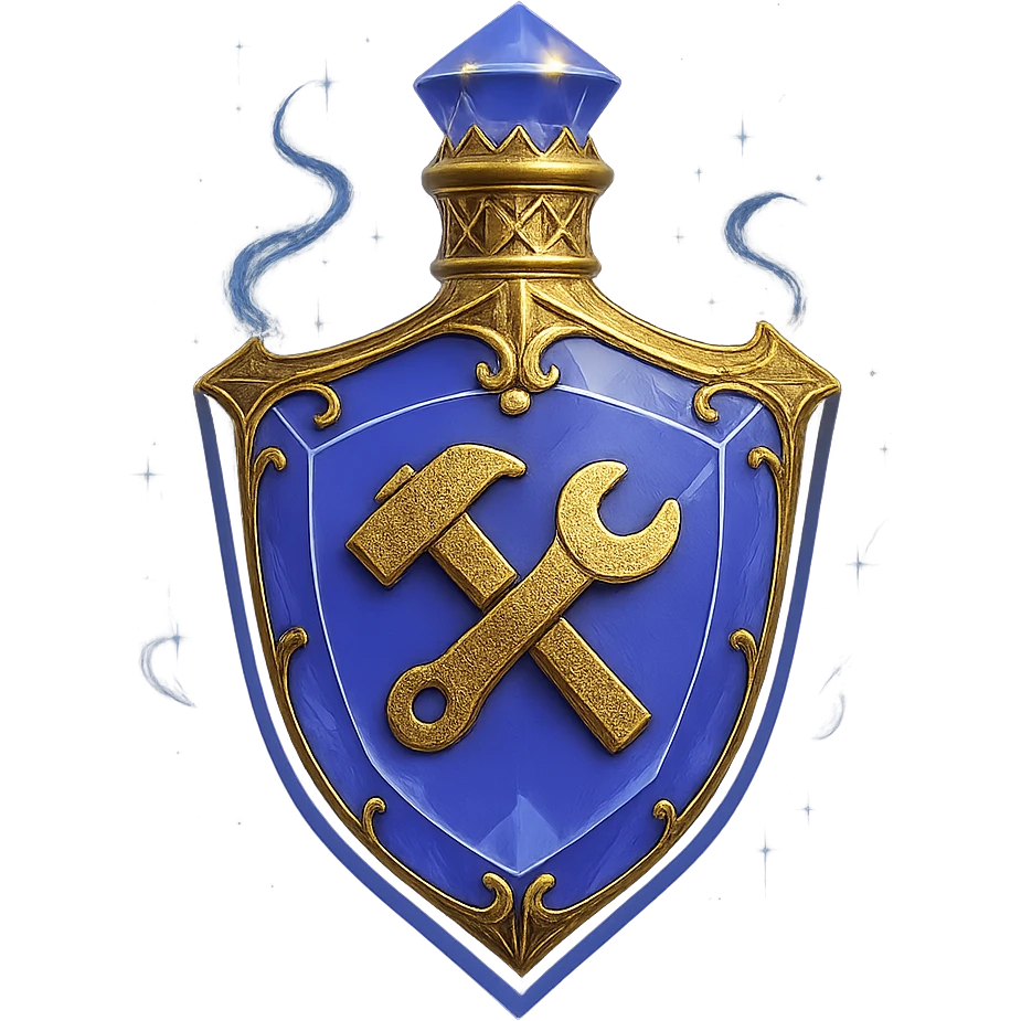 very luxurious crystal elixir bottle in shield shape, color #7986cb, with 🛠 symbol on the bottle, lots of shining, edges, ornaments, golden details, magical effects, very small golden neck, transparent background, beautiful, seamlessly merging bottom, bottle clearly floating in air, no base or shadow, modern, fits a collection emoji