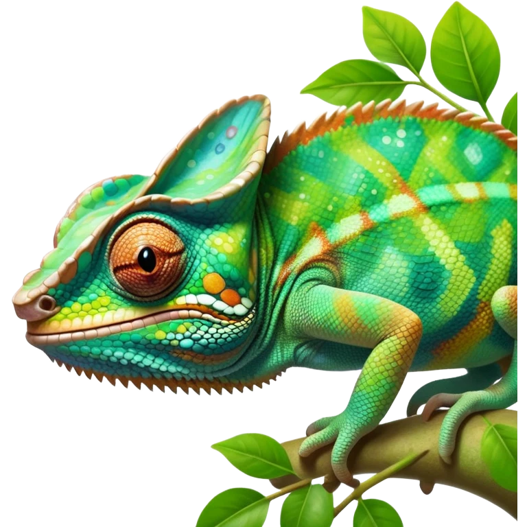 cinematic giant-smiling. chameleon-realistic emoji,-blending-with-vibrant-greenery.-detailed-scales-in-shifting-colors,-showing-the-chameleon’s-ability-to-camouflage.-soft-natural-light-highlights-its-texture.-light-background, zoomed into its face emoji