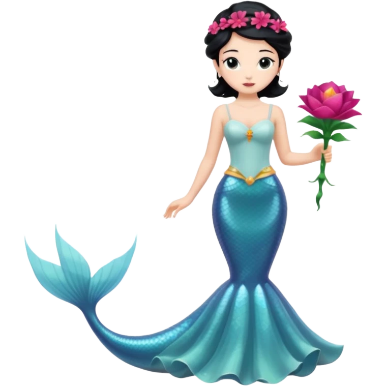 Chica blanca,cuerpo entero, vestido boda tipo  sirena tirantes finos y estrecho, pelo negro recogido con mechones y zapatos tacon y 1 flor en la cabeza emoji