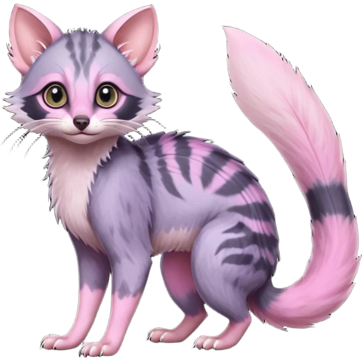 Deep dark pastel bright whitish pale Violet-pink-gradients with darker points Asian painted anime-styled big-eyed shiny glorious divine marked exotic cool beautiful realistic Lykoi-civet-genet-sergal-ocicat-oncilla-animal-Fakémon-hybrid-fursona (full body) emoji
