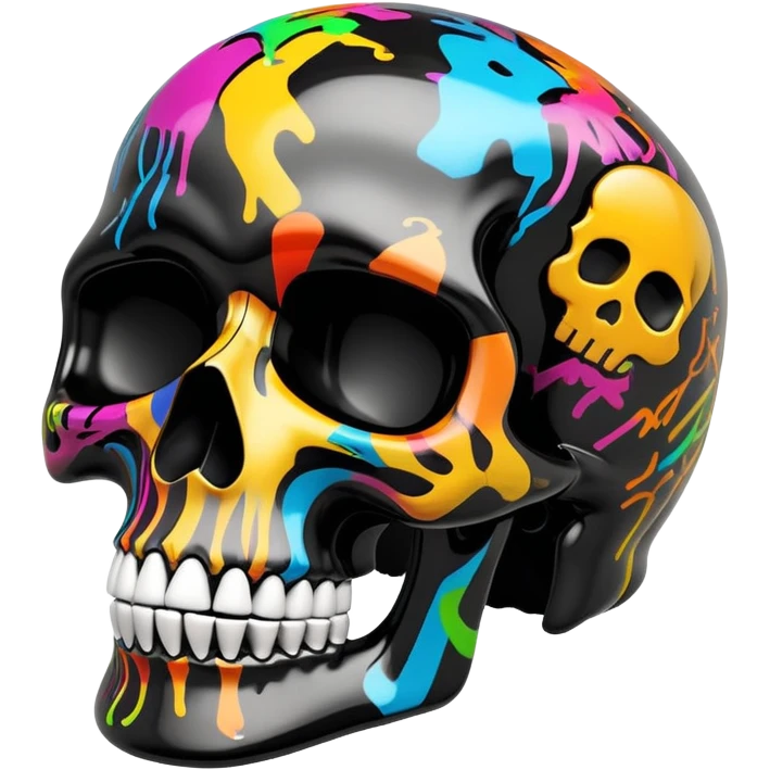 glossy black skull with colorful graffiti designs and fashion logos precisely contained inside the skull contours, three-quarter view emoji