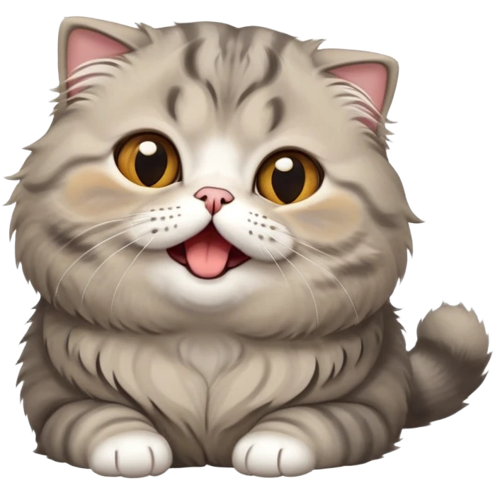 Cinematic-Adorable-Scottish-Fold-Cat-Portrait-Emoji – Big-eyed, fluffy Scottish Fold cat with a playful head tilt and a cute yawn, plush solid-grey fur, signature small folded ears enhancing its round face, simplified yet irresistibly cute features, expressive amber eyes filled with quiet curiosity, highly detailed with a gentle glow. emoji