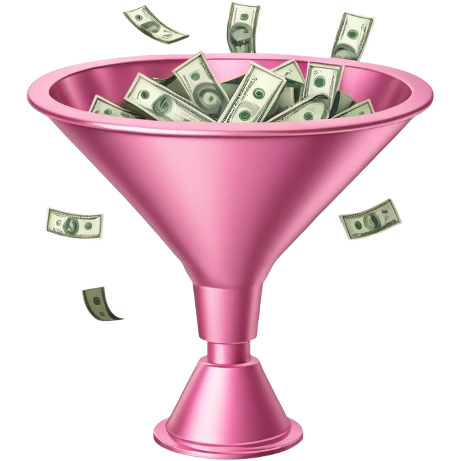 pink marketing funnel with dollars at the buttom emoji