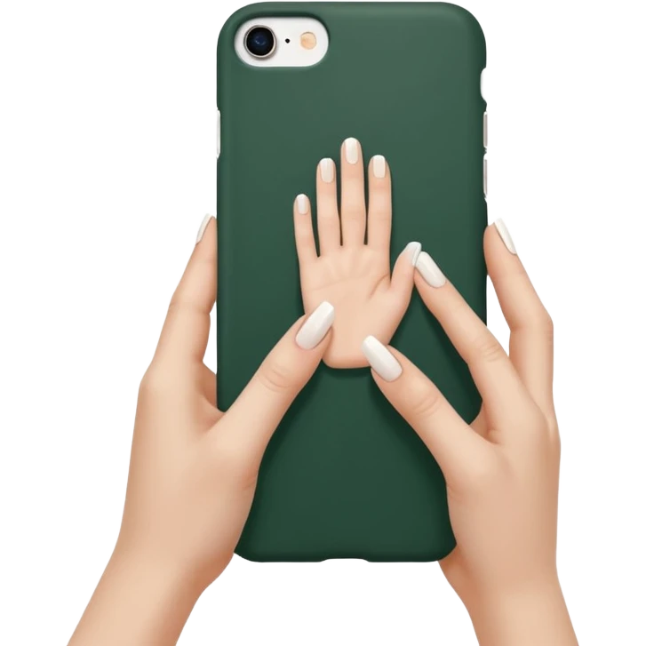 female hand with nude manicure (5 fingers) holding a white iPhone in a dark green case, very minimalist emoji