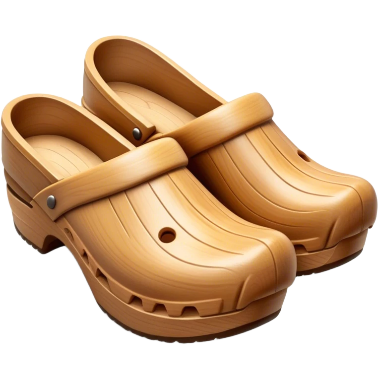 Cinematic Realistic Wooden Clogs Emoji, depicting the classic handcrafted footwear with a smooth, curved design and sturdy wooden soles, rendered with rich textures and warm, natural lighting. emoji