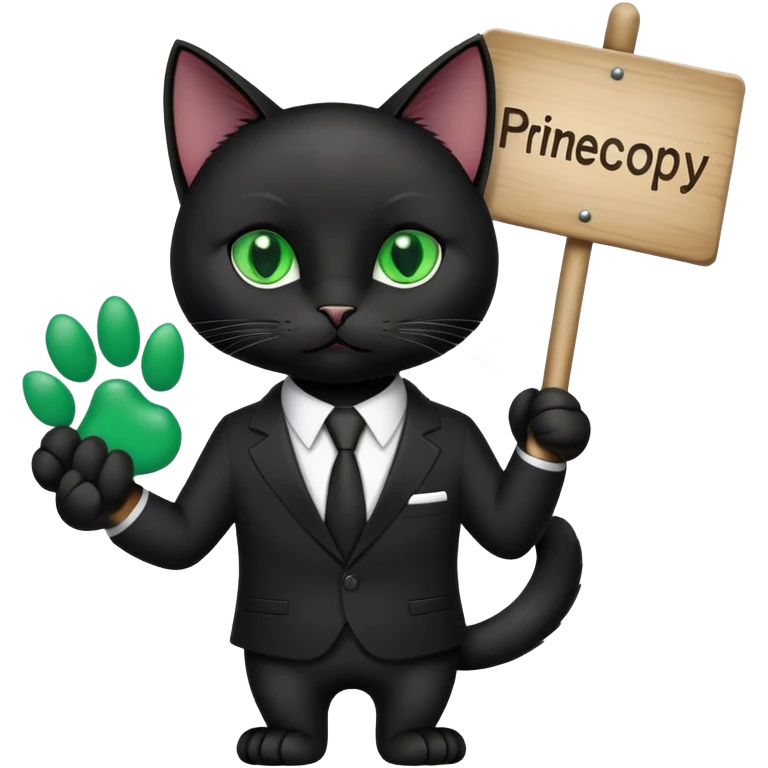 A black cat in a black business suit holds a sign with the inscription "PrimeCopy" in one paw emoji
