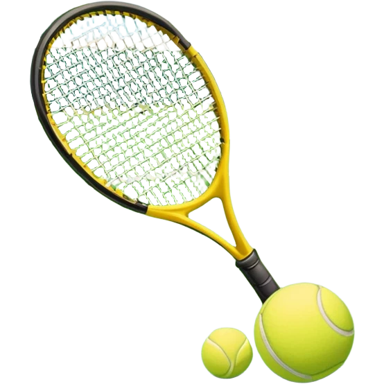 A tennis racket and a ball placed on the ground, with a tennis court in the background. The court lines and net are visible, emphasizing the structure and focus of the sport, creating a dynamic and energetic vibe. emoji