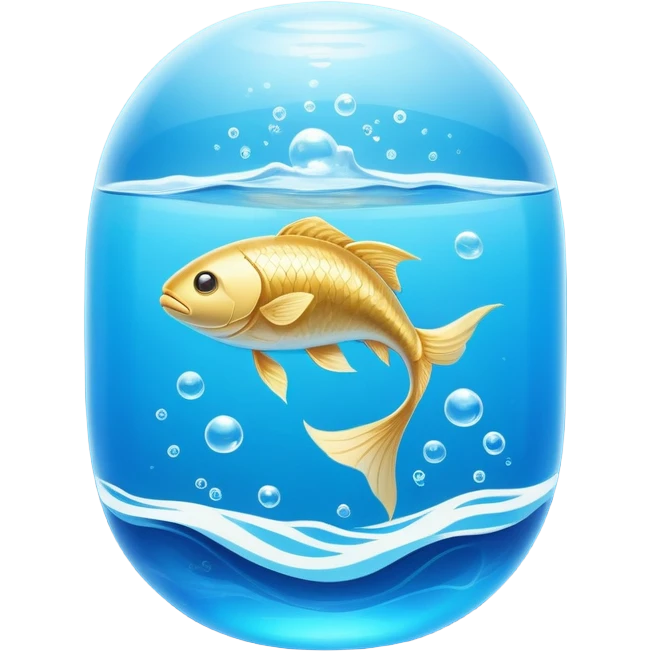 Golden omega-3 capsule floating in blue liquid currents, with an ethereal fish gently spinning around a radiant brain. Blue water waves expand from the brain, promoting mental clarity, emotional calm, and cardiovascular fluidity. emoji