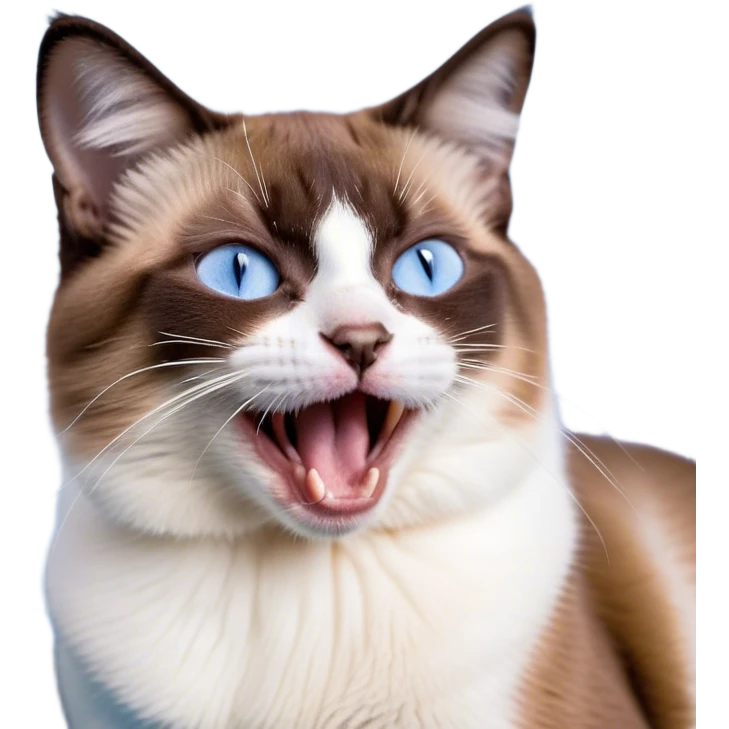 Cinematic Cute Yawning Brown Mantle Snowshoe Cat Portrait Emoji, Head tilted slightly with a dramatic, wide-open yawn, smooth brown fur draping elegantly over its back with contrasting white paws, chest, and facial markings, piercing icy-blue eyes that are barely open, Simplified yet irresistibly adorable features, highly detailed, glowing with a soft, cozy glow, high shine, relaxed yet expressive, stylized with a touch of whimsy, bright and endearing, soft glowing outline, capturing the essence of a sleepy yet affectionate kitty, so drowsy it feels like it could stretch right out of the screen and curl up for a nap! emoji