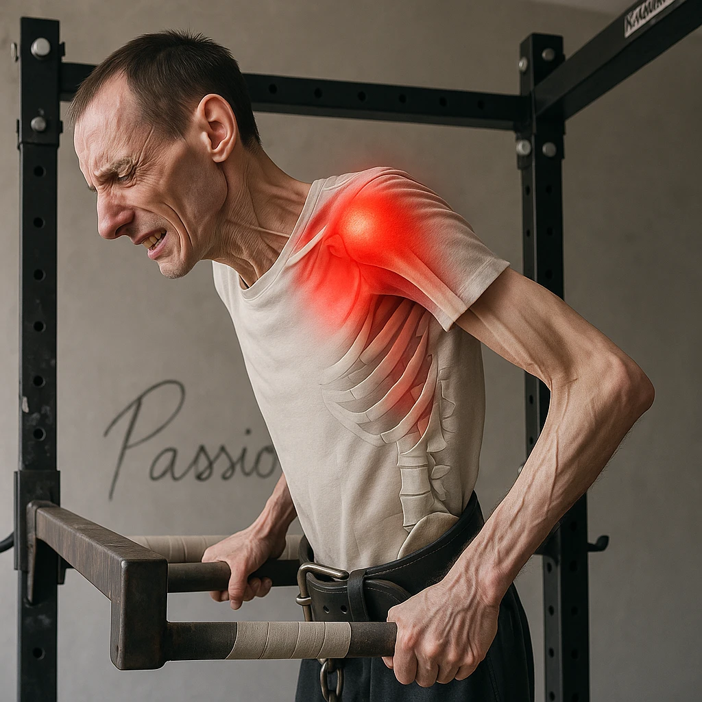 Hyperrealistic 4K image of a very thin man performing a dip on parallel bars, side position as in the reference, showing an expression of acute shoulder pain. Highlighted shoulder muscles and bones, very reddened painful area, gym atmosphere. Variant 5. emoji
