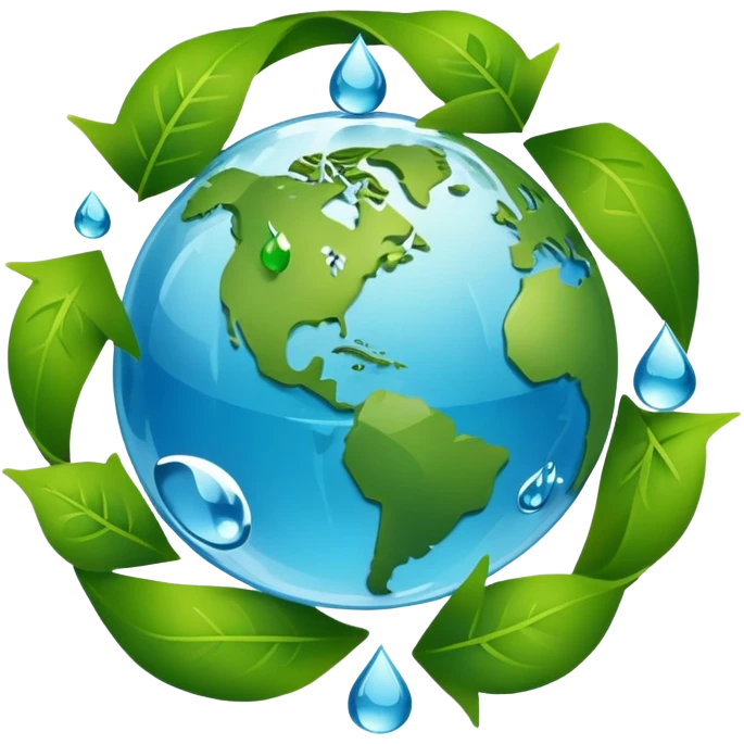 An icon featuring a globe with green leaves, a recycling symbol, and a water droplet, symbolizing ecology. The design includes trees, animals, and renewable energy icons, representing the study of ecosystems, environmental protection, and sustainability. Transparent background emoji