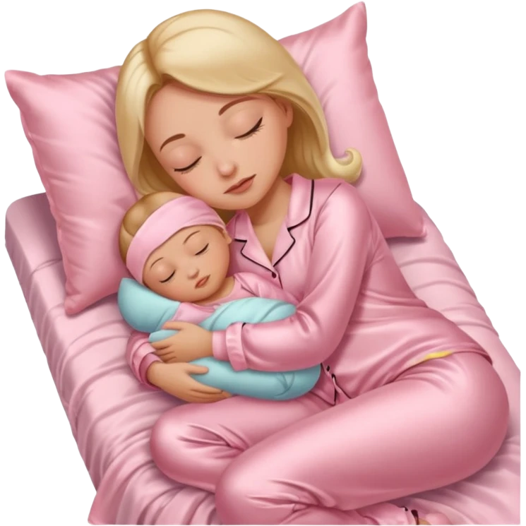Mulher dormindo de pijama na sua cama de cetim rosa bebê emoji