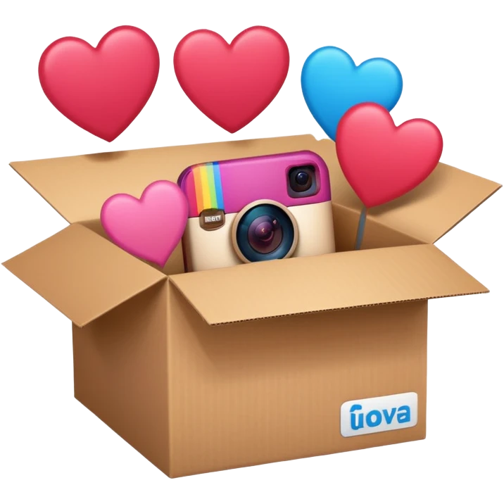 a box with an instagram logo on its face,  open with swipe files inside and hearts, likes  emoji