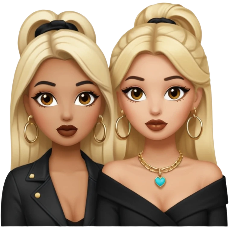 Boujy baddie best friends blonde and brunette gossiping, trendy heavy makeup emoji