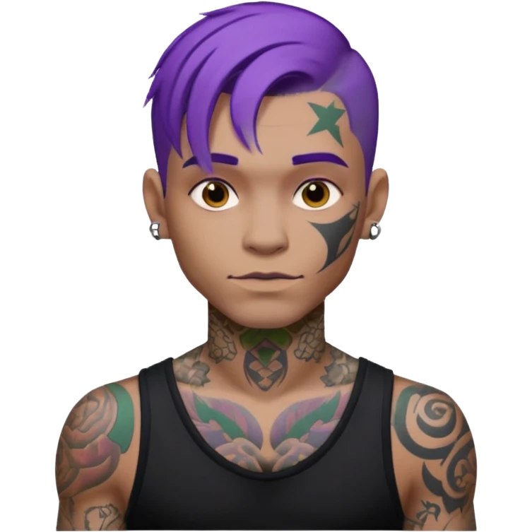 men with tatoos and hightlight that tatoos with purple hair and black dress and close look emoji