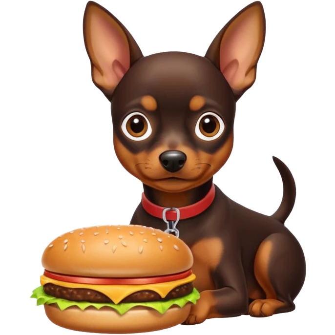 Miniature pinscher dog with white paws eating a giant, juicy hamburger emoji
