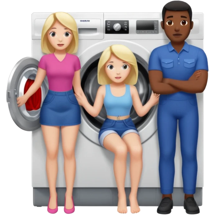 Eine Frau steckt bis zum Bauch in einer Waschmaschine fest und nur die Beine gucken raus und zwei schwarze männer ziehen an ihren Beinen um sie raus zu holen  emoji