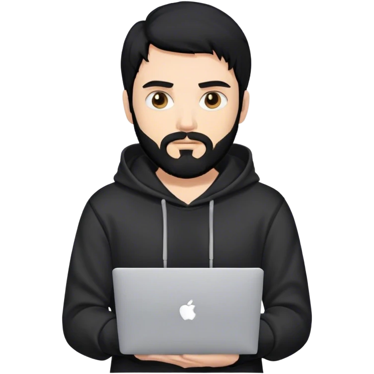 hackeur blanc cheveux noir barbe et capuche noir avec un macbook emoji