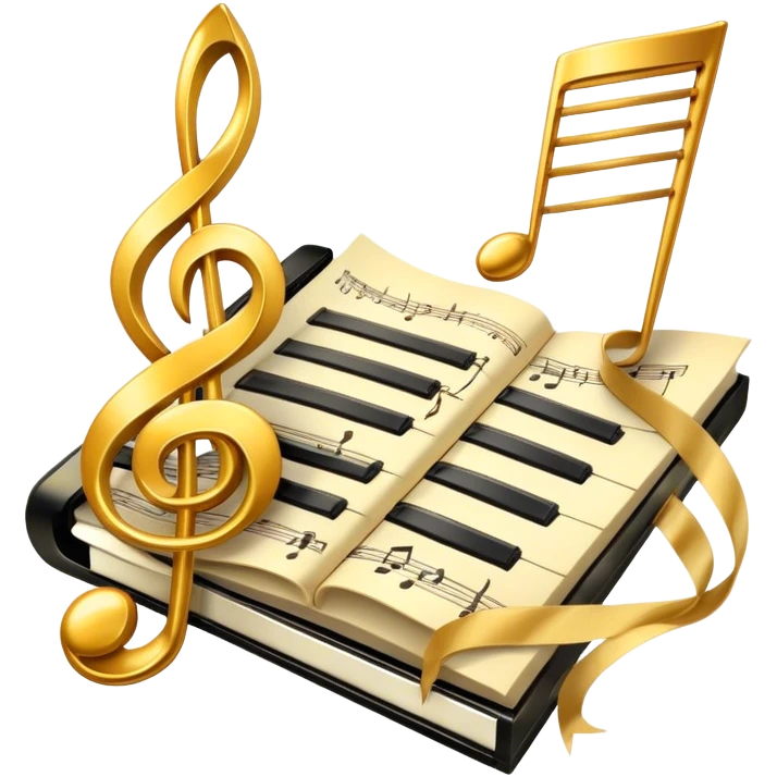 Create a bright and artistic emoji that represents music composition. The design should feature musical notes, a pencil or quill, and a sheet of music, symbolizing the creative process of composing a song. Add a touch of elegance with flowing lines to represent melody and rhythm. Incorporate piano keys arranged like a ribbon or flowing tape, symbolizing the piano's role in composition. Use gold or silver tones for sophistication, and incorporate vibrant colors to convey creativity. The background should be transparent. emoji