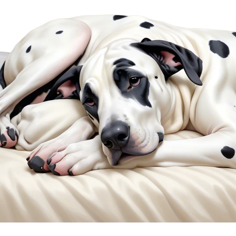 Meme-Worthy Cute Sleeping Harlequin Great Dane Portrait Emoji, Head resting peacefully with a contented smile, showcasing a delightfully majestic build and a luxuriously soft coat of predominantly white with bold black patches, eyes shut in a serene nap, Simplified yet hilariously adorable features, highly detailed, glowing with a soft, drowsy light, high shine, relaxed and utterly lovable, stylized with an air of playful laziness, bright and heartwarming, soft glowing outline, capturing the essence of a comically sleepy guardian, so meme-worthy it feels like it could instantly become the next viral sensation of adorable slumber! emoji