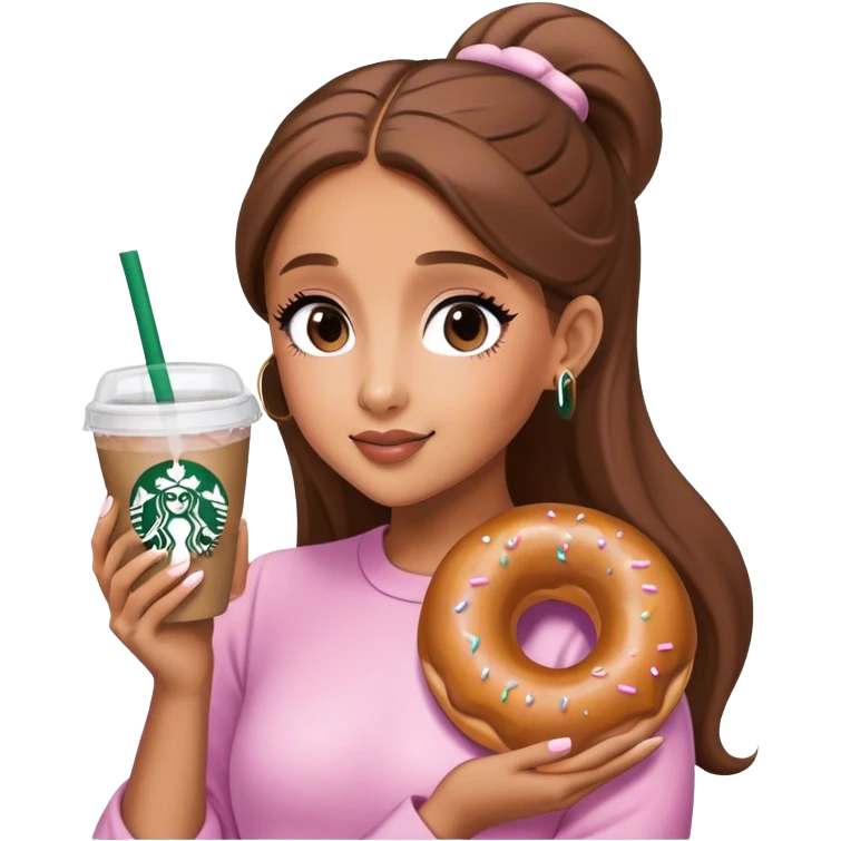 Ariana Grande holding a glazed donut and a Starbucks cup emoji