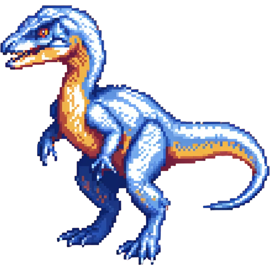 Blue velociraptor in hunting pose, vibrant blue scales emoji