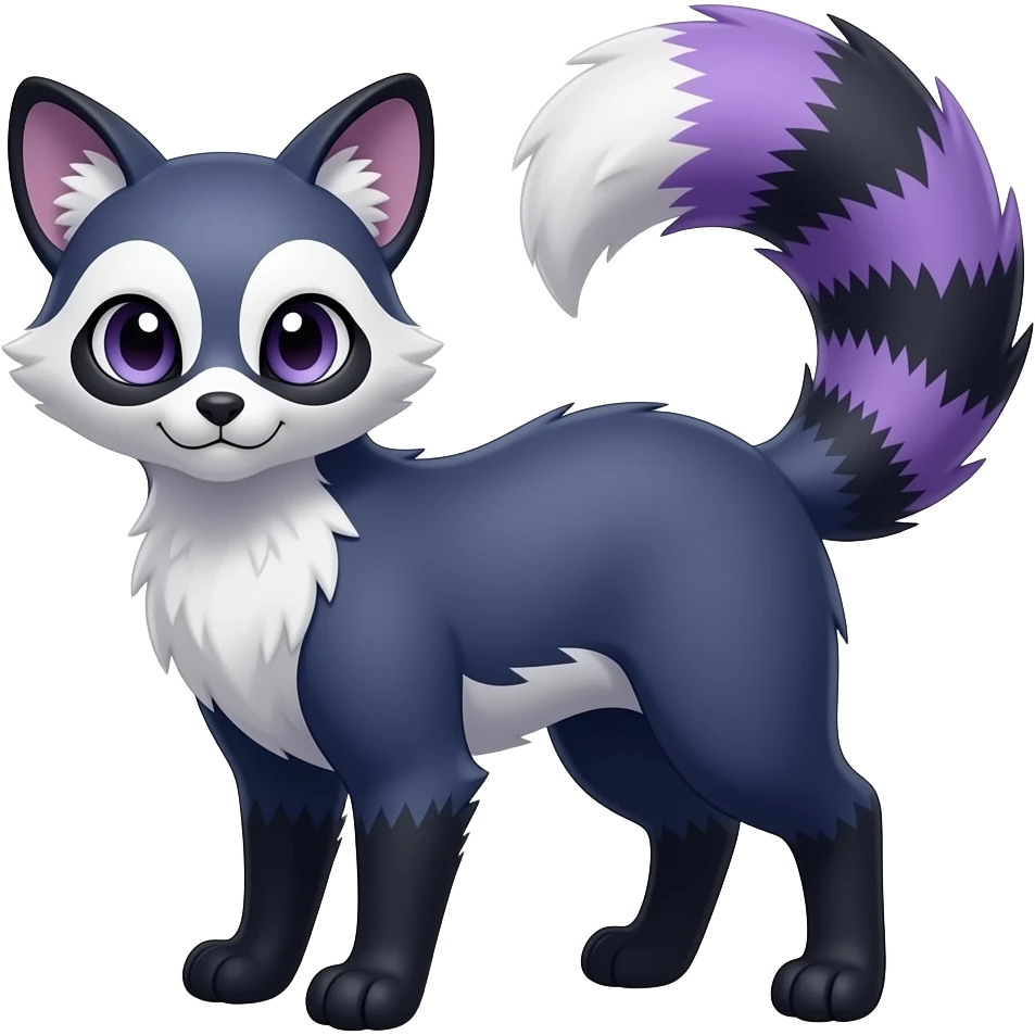 randomly marked smooth silky Asian fine furry neat beautiful realistic indigo and violet-purple and black and white Civet-Mankeulv-Genet-Vernid-Fakémon-hybrid emoji