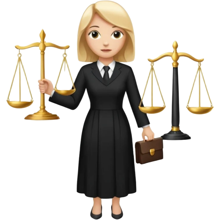 woman lawyer blanche et blonde avec des cheveux mi-long; elle est habillée avec une longue robe noire et une cravate blanche; elle soutient fièrement le symbole de la justice emoji