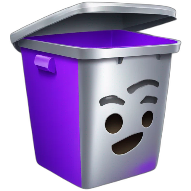 a silver trash bin with a smiley face with purple brain instead of lid emoji