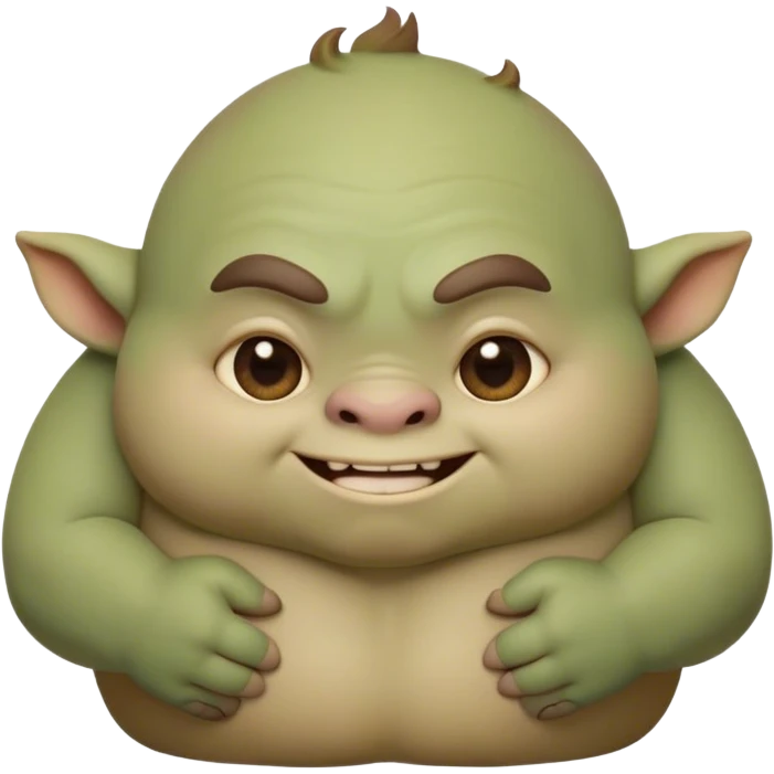 Cinematic Cute Ogre Portrait Emoji, with a surprisingly endearing, plump and huggable figure in soft earthy greens and browns, featuring big, kind eyes and a bashful smile, simplified yet irresistibly adorable, highly detailed with a soft glowing outline that captures the charm of a friendly giant who seems ready for a warm hug! emoji
