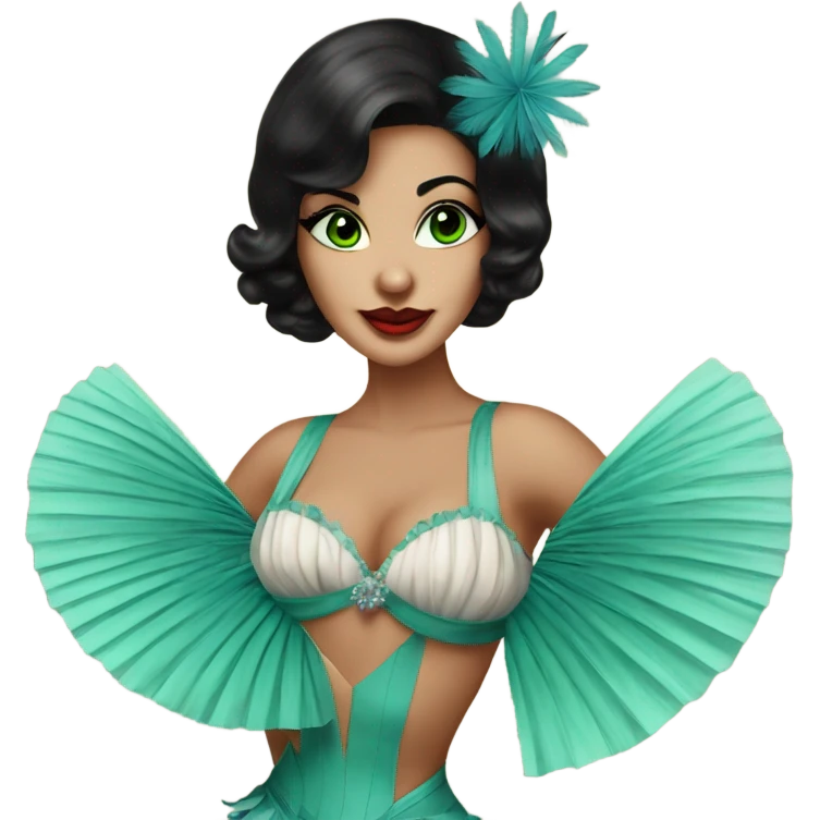 Burlesque dancer with black hair and green eyes in a vintage costume holding blue feather fans emoji