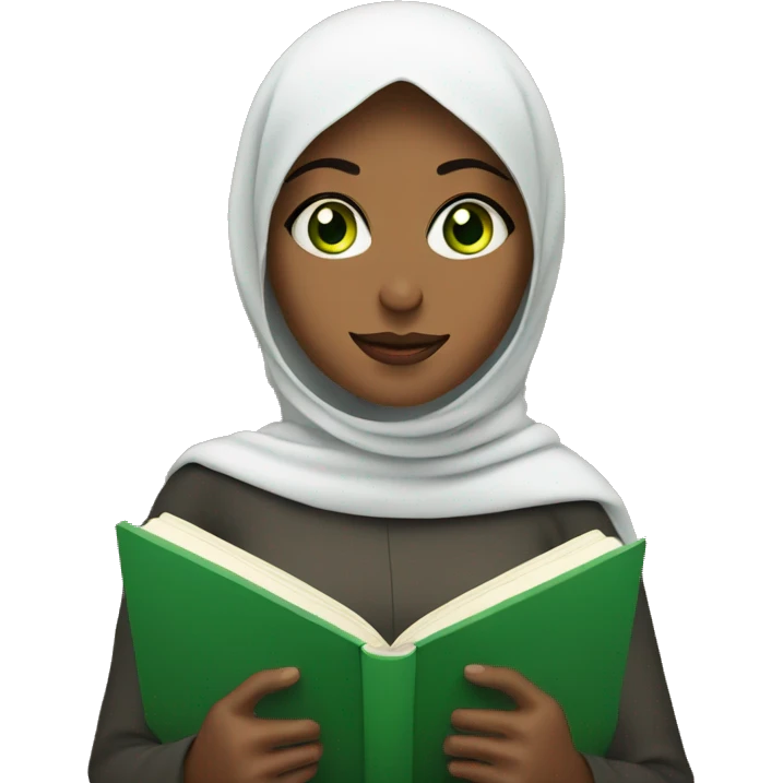 A covered Muslim woman with green eyes reads a book emoji