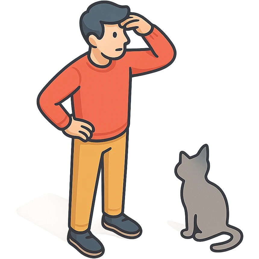 мужчина стоит и ищет, рядом силуэт пропавшей кошки emoji