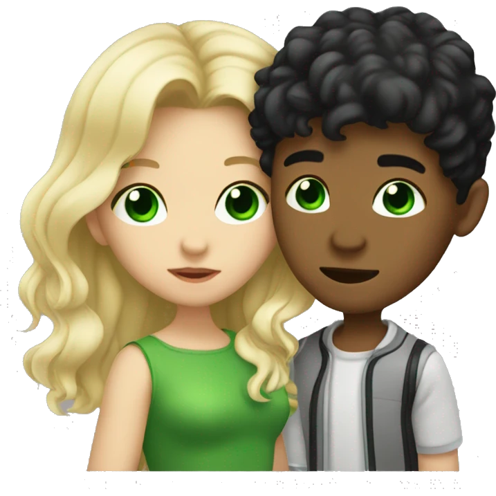 Blonde girl with green eye and wavy medium hair, black haired boy is kissing emoji