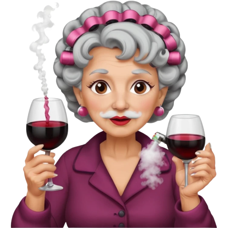 A grandma with hair curlers in with a vape and drinking wine with white powder under her nose emoji