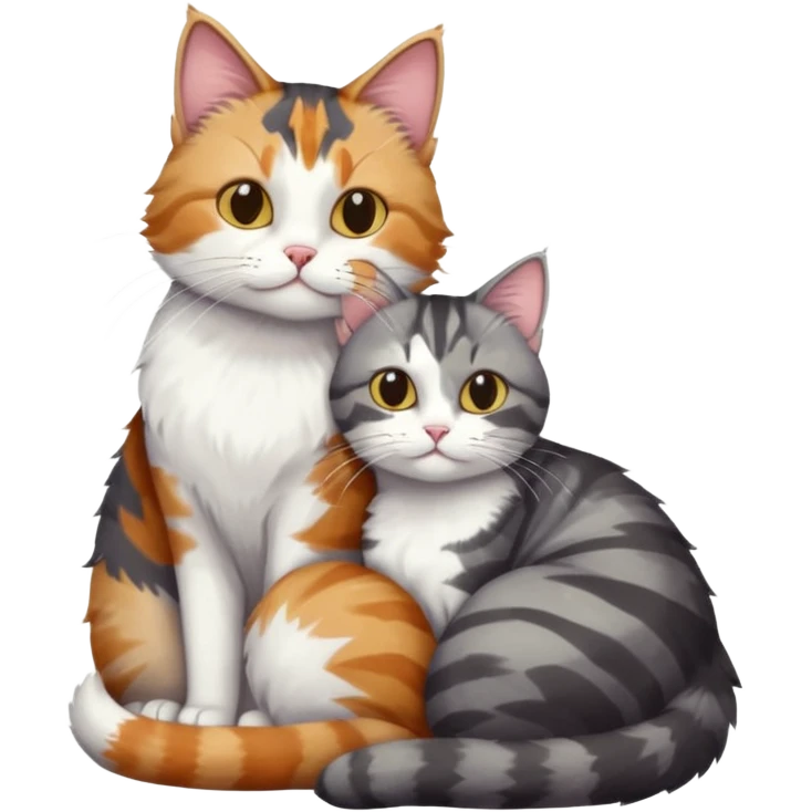 full body colourful light patched calico + white tabby cat cuddling a big dark grey and white tabby cat  emoji