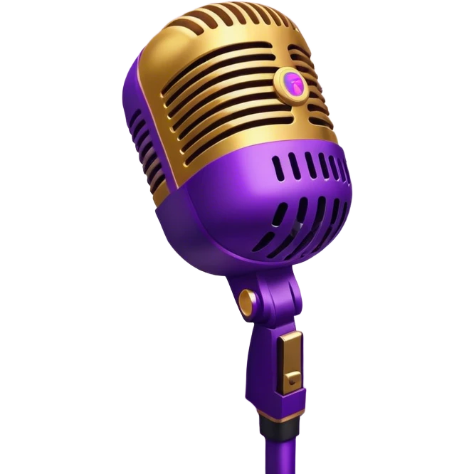 golden microphone surrounded by hurricane, musical notes and protest signs flying in the eye of the storm, purple gradient storm clouds background emoji