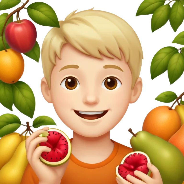 happy boy enjoying fruit outdoors emoji