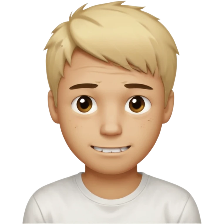 Male with short, messy blonde hair, large expressive golden-brown eyes, light brown skin, subtle facial bruises and scratches, crooked smile showing slightly damaged teeth, wearing a plain white t-shirt, friendly but creepy expression. emoji
