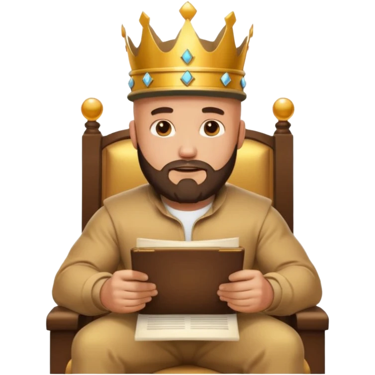 Buff bald bearded man wearing crown and cap, sitting on throne of documents, Instagram icon floating, golden glow, minimal emoji emoji