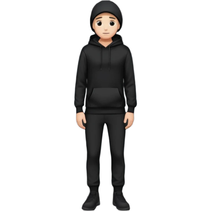 fullbody Mysterious shy caucasian man in black hoodie on head, hands in pockets and black pants rear backview emoji