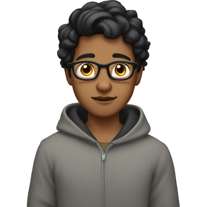 Indian skin tone origin boy wearing glasses in a grey hoodie with wavey black hair with black eye emoji