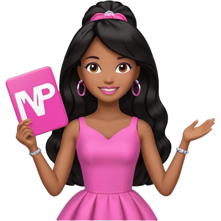 Black barbie, long black  hair, pink dress holding mvp sign  emoji