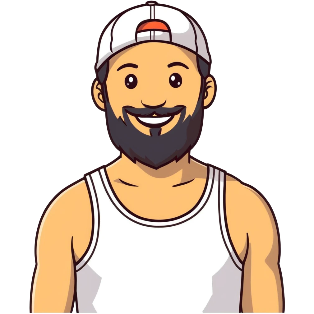 Alex Hormozi, white man with mid-long hair wearing a cap, big beard, smiling, white tank top emoji