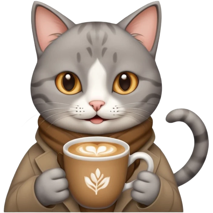 Happy gray Cat holding in its front two paws an hot latte emoji