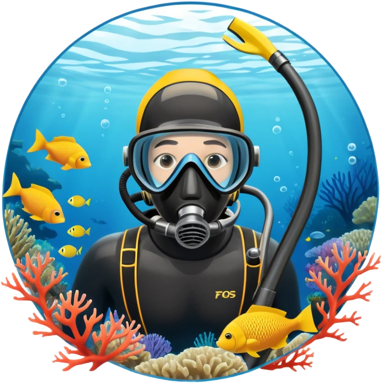 An icon featuring a close-up of a freediving mask and snorkel, with a breath-holding diver's fins, set against a vibrant underwater world. The design includes coral reefs, fish, and bubbles, symbolizing the serene beauty and thrill of freediving. Transparent background highlights the calm emoji