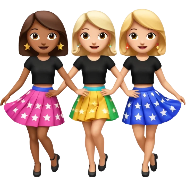 Three 3D cartoon women dancing in colorful skirts and black tops with stars, cheerful expressions, bright background, Memoji-style rendering. emoji