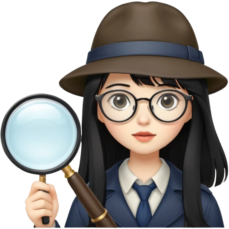 asian pale skin girl with long black hair and bangs and glasses holding a magnifying glass wearing a detective hat emoji
