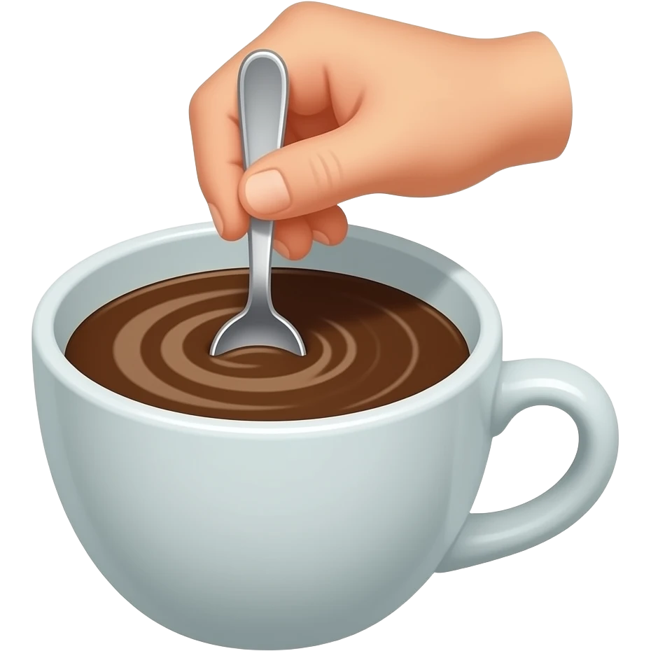 Minimal emoji-style illustration of a person stirring coffee in a cup with a small spoon.
A hand holding the spoon inside the cup, visible swirling motion in the coffee.
Clean, simple shapes, warm brown tones, light pastel cup, centered, minimal background. emoji